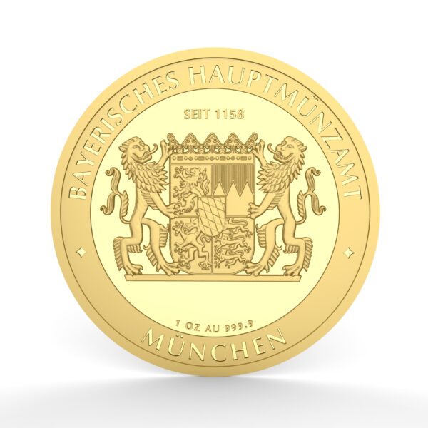 Die Rückseite des 100 Bayern Thaler Goldmünzstücks. Es zeigt das bayerische Wappen, gestützt von zwei Löwen, mit den Prägungen "Bayerisches Hauptmünzamt" und "1 OZ AU 999.9" sowie "München".