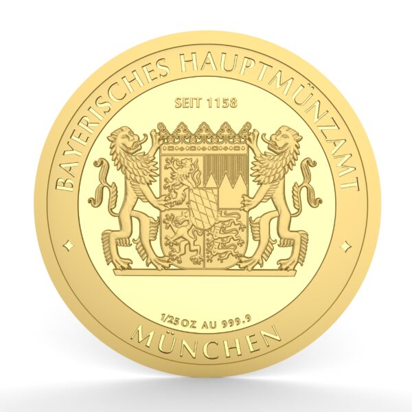Eine Abbildung der Rückseite der "4 Bayern Thaler" aus Gold mit dem bayerischen Wappen. Das Wappen wird von zwei Löwen gehalten, umgeben vom Schriftzug "Bayerisches Hauptmünzamt" und der Angabe "Seit 1158". Am unteren Rand sind das Gewicht und die Feinheit "1/25 OZ AU 999.9" sowie die Prägestätte "München" zu sehen.