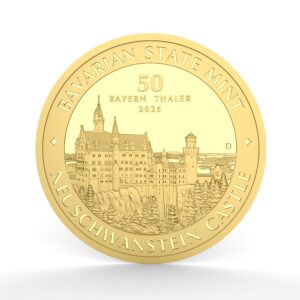 Die Vorderseite des 50 Bayern Thaler Goldmünzstücks mit einer detaillierten Abbildung von Schloss Neuschwanstein. Am oberen und unteren Rand sind die Schriftzüge "Bavarian State Mint" und "Neuschwanstein Castle" zu sehen. Das Münzstück hat ein Gewicht von 1/2 Unze Gold.