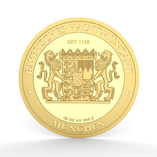 Das bayerische Wappen auf der Rückseite des 50 Bayern Thaler Goldmünzstücks. Um das Wappen sind die Prägungen "Bayerisches Hauptmünzamt", "1/2 OZ AU 999.9" und die Prägestätte "München" zu finden.