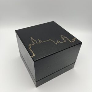 Schwarze Box in Würfelform. In goldener Farbe ist die Silhouette des Schloss Neuschwanstein auf dem Deckel zusehen.