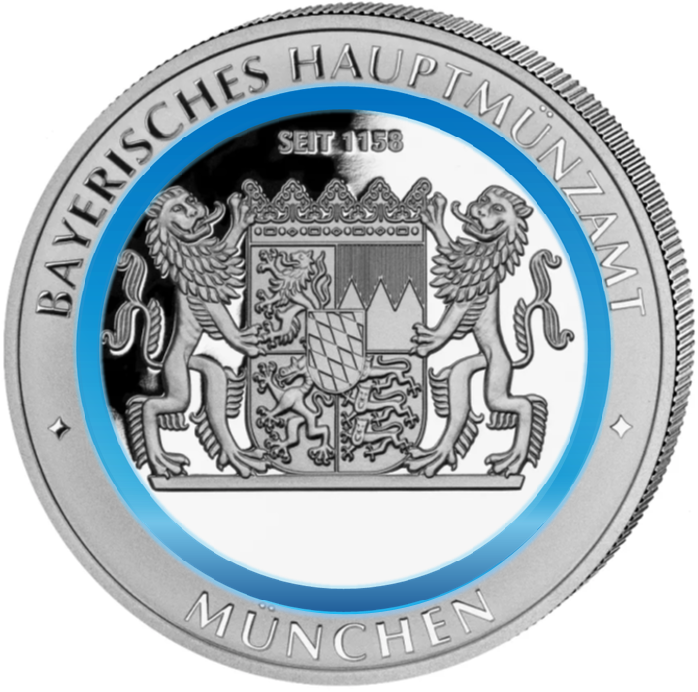 Rückseite 1/2 Bayern Thaler in Silber mit blauem Polymerring. Als Motiv u. a. das Bayerische Staatswappen.