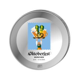 Oktoberfest Medaille - 1 Unze Feinsilber mit geprägtem Motiv des Oktoberfest 2025 und zusätzlich mit Druck veredelt