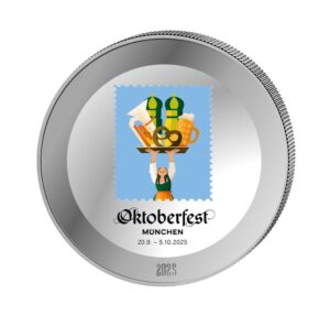 1 Unze Silber Medaille zum Oktoberfest 2025, mit dem Motiv des Oktoberfest 2025