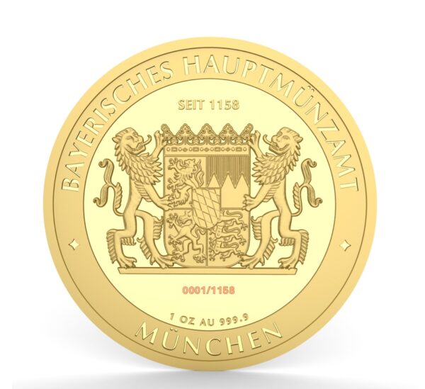 Rückseite der 1 Unze in Bayern Thaler in Gold. Zu sehen das Staatswappen, darunter die individuell gravierte Seriennummer.