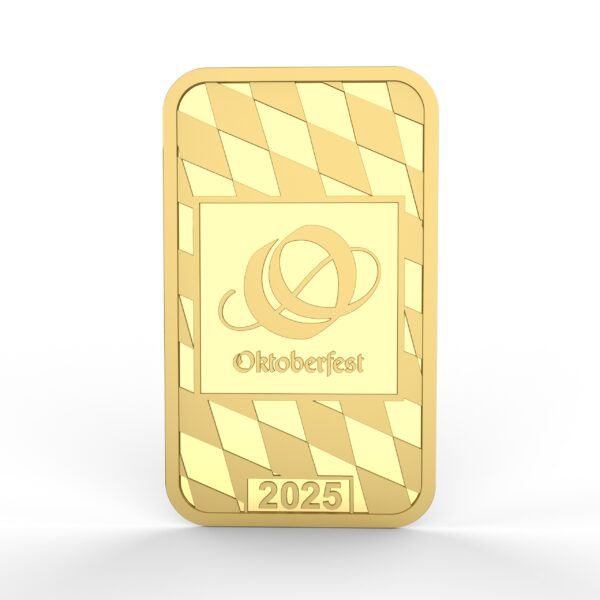 Oktoberfest Goldbarren 2025 mit Rautenmuster und Oktoberfest-Logo – exklusive limitierte Gedenkausgabe vom Bayerischen Hauptmünzamt.