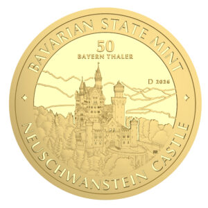 1/2 oz Feingold - 50 Bayern Thaler in Gold vor weißem Hintergrund. Motiv Neuschwanstein in Ostanasicht.,