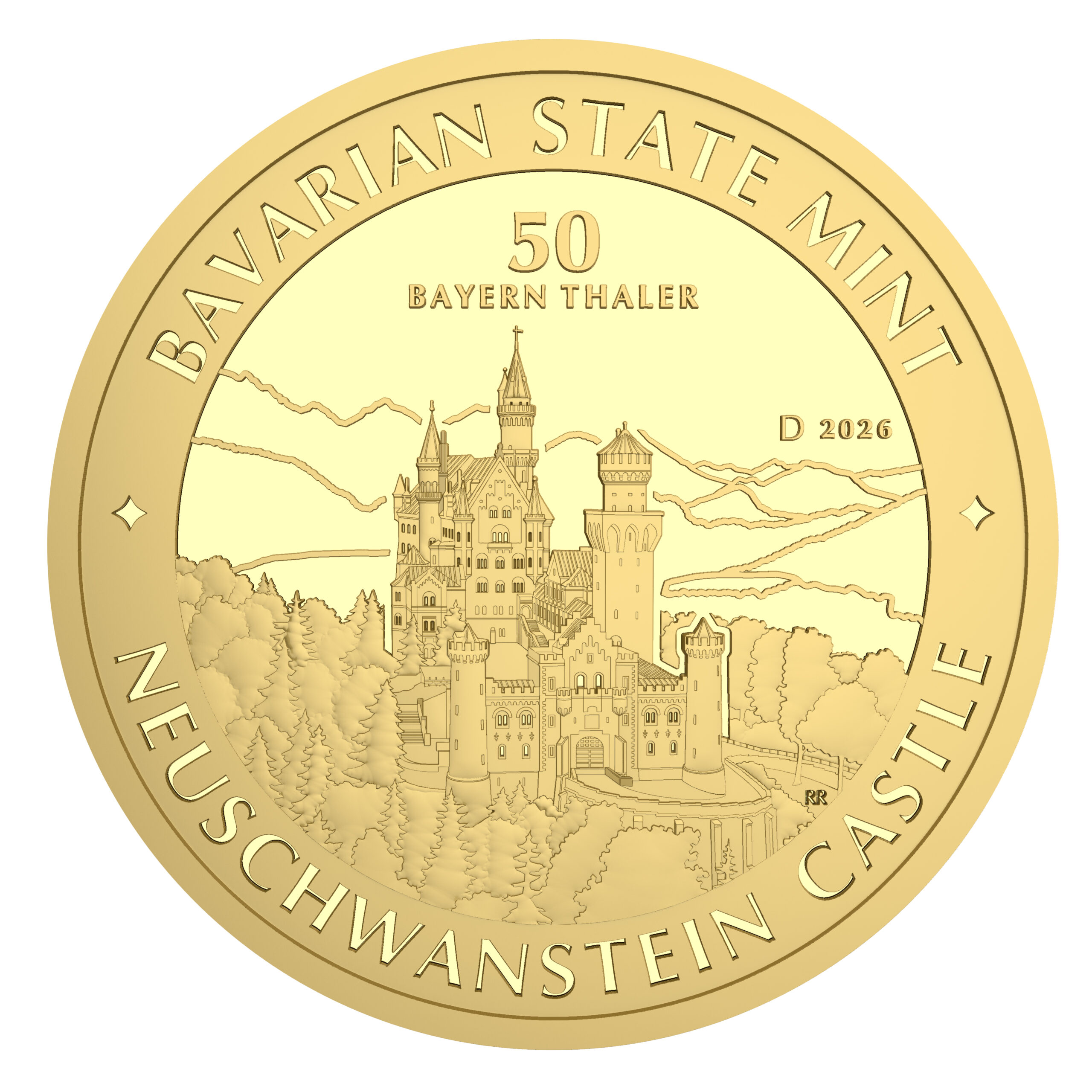 1/2 oz Feingold - 50 Bayern Thaler in Gold vor weißem Hintergrund. Motiv Neuschwanstein in Ostanasicht.,
