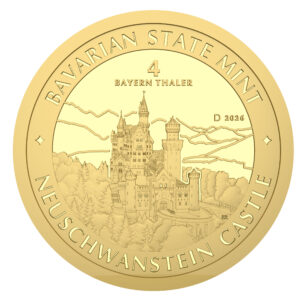 1/25 oz Feingold - 4 Bayern Thaler in Gold vor weißem Hintergrund. Motiv Neuschwanstein in Ostanasicht.,
