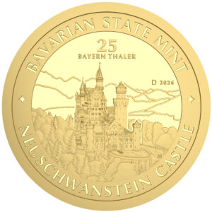1/4 oz Feingold - 25 Bayern Thaler in Gold vor weißem Hintergrund. Motiv Neuschwanstein in Ostanasicht.,