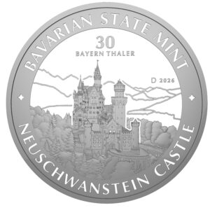 Vorderseite 1 Kg Anlage Silber Bayern Thaler Motiv 2026 Schloss Neuschwanstein aus der Ostansicht
