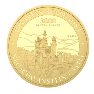 1 KG Feingold - 3000 Bayern Thaler in Gold vor weißem Hintergrund. Motiv Neuschwanstein in Ostanasicht.,