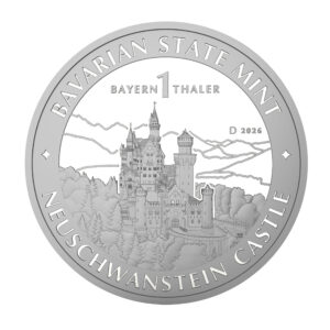 Vorderseite 1 Unze Anlage Silber Bayern Thaler Motiv 2026 Schloss Neuschwanstein aus der Ostansicht