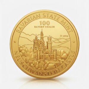 1 oz Feingold - 100 Bayern Thaler in Gold vor weißem Hintergrund. Motiv Neuschwanstein in Ostanasicht.,
