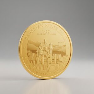 Eine Nahaufnahme der Vorderseite des 100 Bayern Thaler Goldmünzstücks, das das Schloss Neuschwanstein darstellt. Die Aufschrift am Rand lautet "Bavarian State Mint" und "Neuschwanstein Castle". Dieses Münzstück besteht aus einer vollen Feinunze Gold. 1 Unze Feingold.
