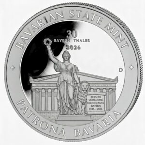 Muster Foto der 1KG Bayern Thaler in Silber mit Motiv Patrona Bavaria.