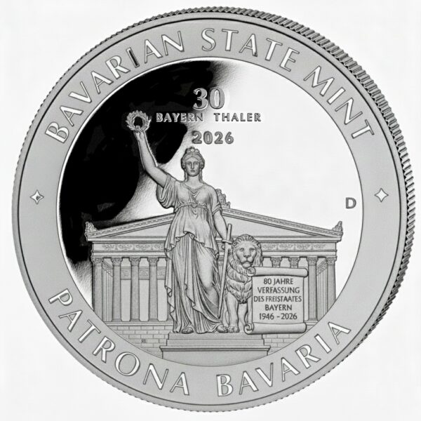 Muster Foto der 1KG Bayern Thaler in Silber mit Motiv Patrona Bavaria.