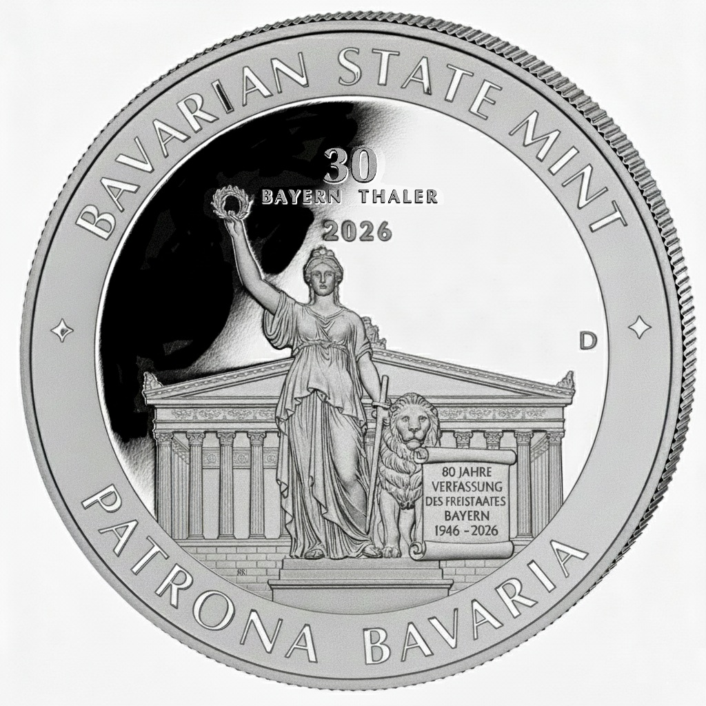 Muster Foto der 1KG Bayern Thaler in Silber mit Motiv Patrona Bavaria.