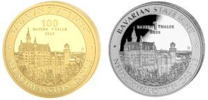 Gold und Silber Bayern Thaler je eine Unze, Motiv Neuschwanstein auf weißem Hintergrund