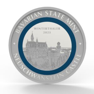 Silber Winter Thaler mit blauem Polymerring und Motiv Neuschwanstein