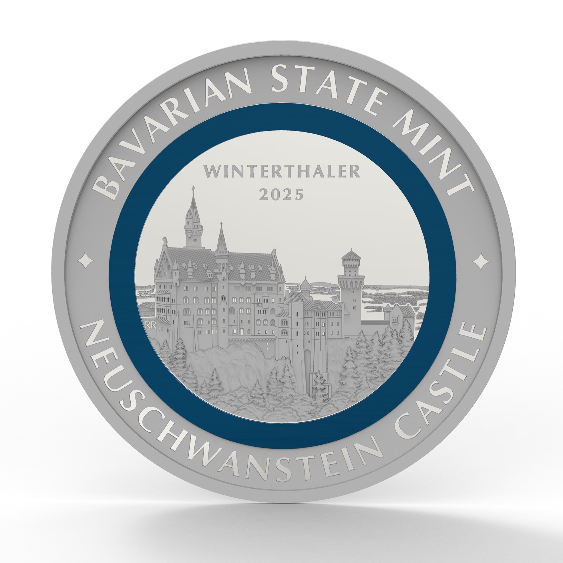 Silber Winter Thaler mit blauem Polymerring und Motiv Neuschwanstein