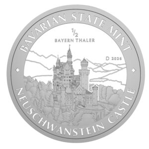 Vorderseite 1/2 Unze Anlage Silber Bayern Thaler Motiv 2026 Schloss Neuschwanstein aus der Ostansicht
