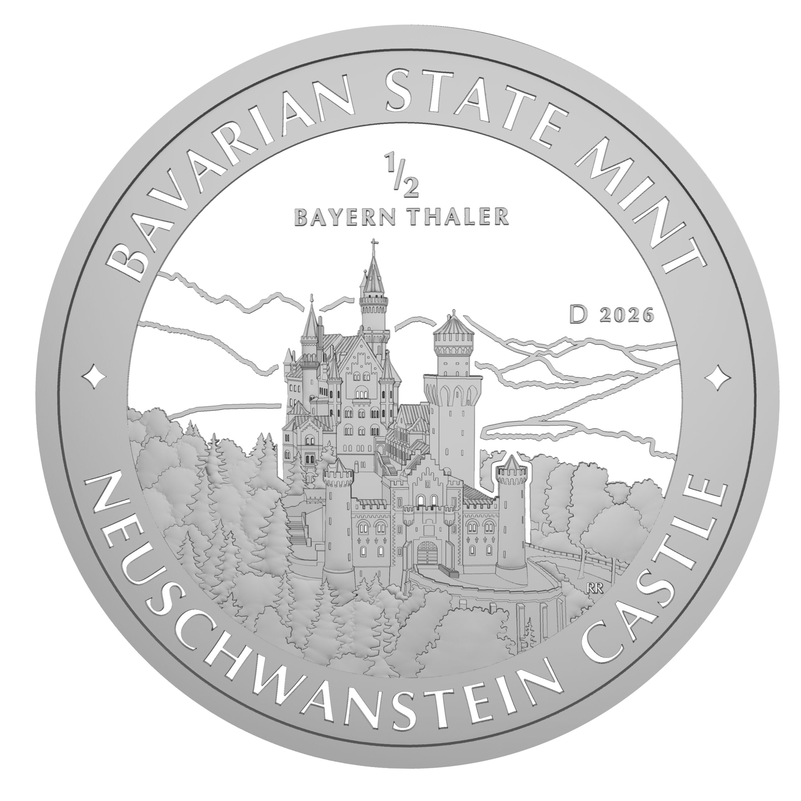 Vorderseite 1/2 Unze Anlage Silber Bayern Thaler Motiv 2026 Schloss Neuschwanstein aus der Ostansicht