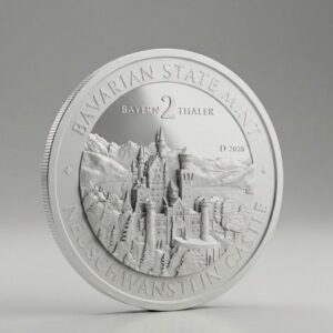 High Relief Silber Münze mit Schloss Neuschwanstein - Nominal 2 Bayern Thaler.