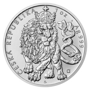 Silbermünze vor weißem Hintergrund, Motiv Tschechischer Löwe mit Krone.