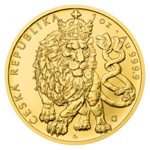 Goldmünze mit dem tschechischen Löwen mit Krone vor weißem Hintergrund in Frontansicht