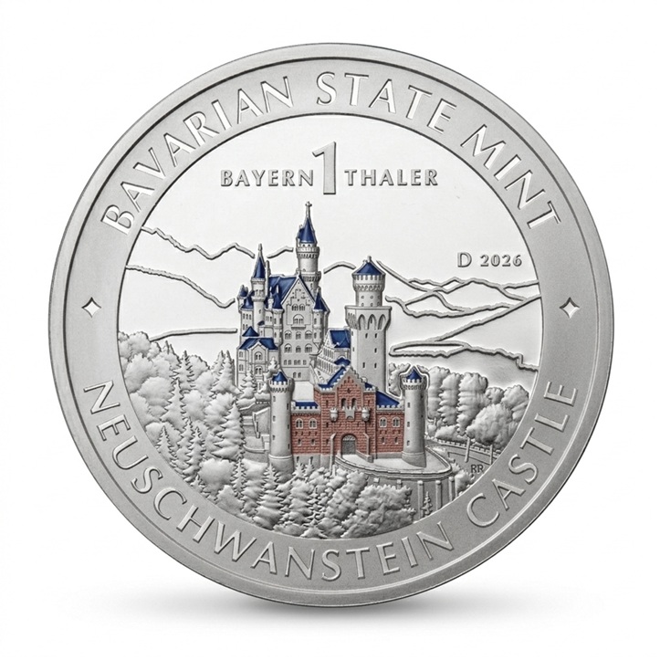 1 Bayern Thaler in Silber vor weißem Hintergrund. Motiv Schloß Neuschwanstein, Teilcoloriertes Dach in blau und Tor in rot.