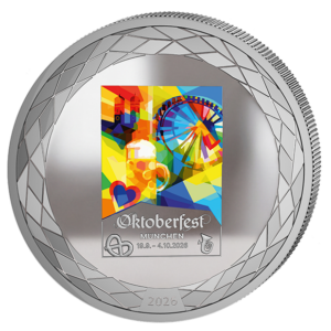 Oktoberfestmedaille 1 oz Ag 999 Motiv 2026 coloriert Vorderseite