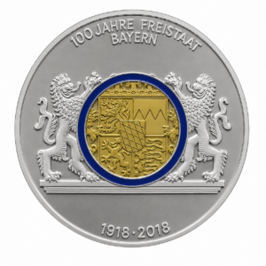 Bayernmedaille Vorderseite: Ring aus Feinsilber, Ag 999, 20g Kern aus Feinsilber, Ag 999 vergoldet, 5g