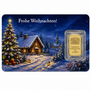 Weihnachtsbarren klassisch 1 g Au 999,9 Au Shopbild Vorderseite. Verschneites Dorf mit Hütte und Weihnachtsbaum im Vordergrund und dem Schriftzug "Frohe Weihnachten".