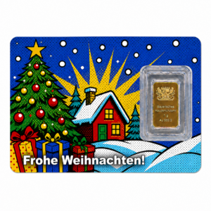 Weihnachtsbarren Pop-Art 1 g Au 999,9. Scheckkarte mit Weihnachtlicher Winterlandschaft (Weihnachtsbaum und Hütte im Schnee) im Popart Stil - rechts auf der Scheckkarte ist ein 1g Goldbarren eingeschweißt.