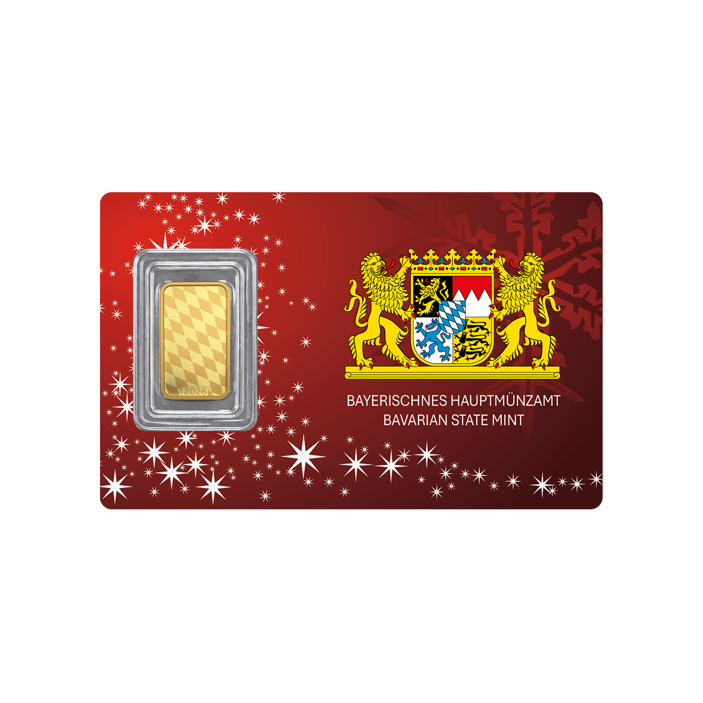 Weihnachtsbarren elegant 1 g Au 999,9 Rückseite Goldbarren mit 2026 und bayerischem Rautenmuster. Rote Scheckkarte mit bayerischem Wappen und Schneeflocken.