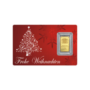Weihnachtsbarren elegant 1 g 999,9 Au Vorderseite Rote Scheckkarte mit weißes verschnörkseltem Weihnachtsbaum und Schneeflocken