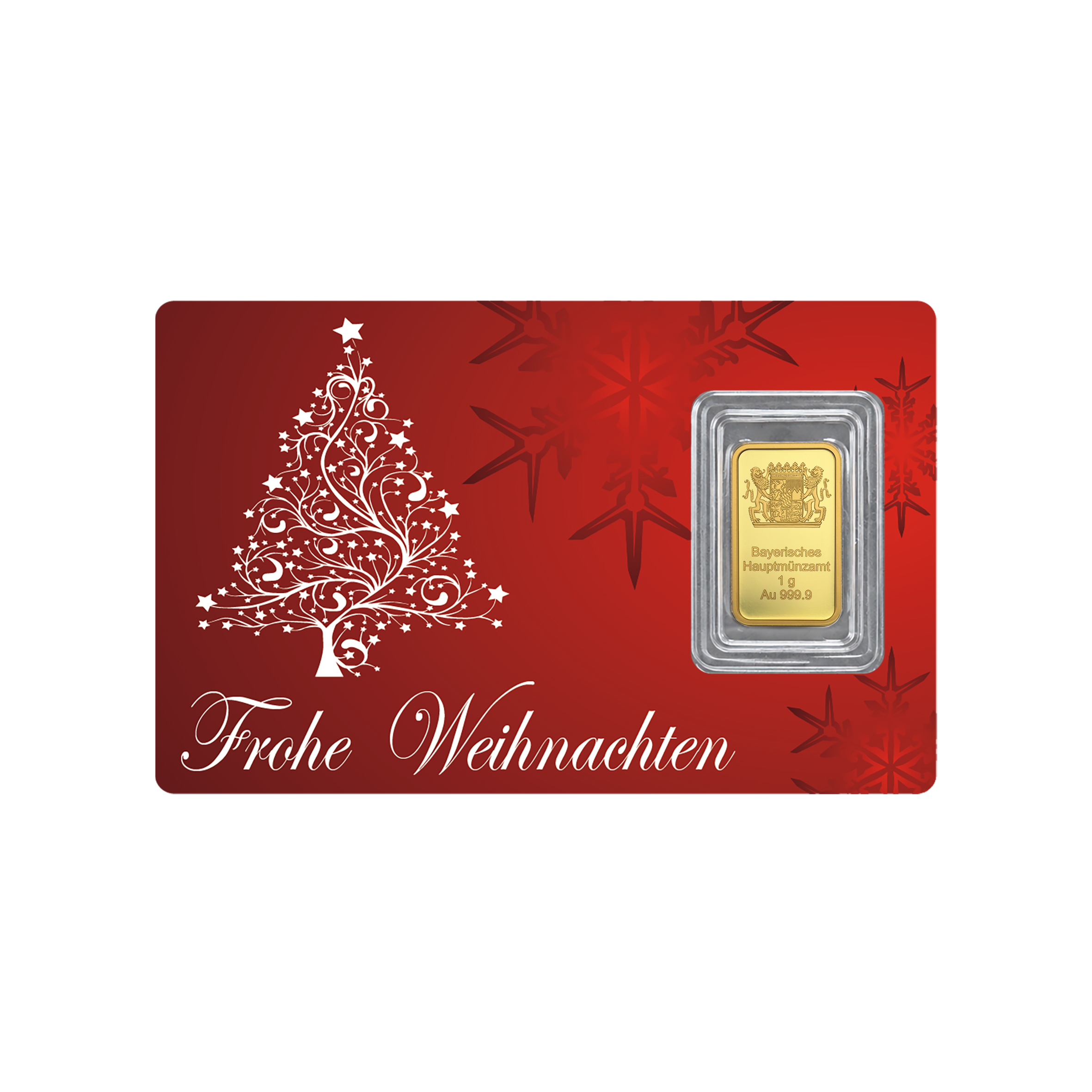 Weihnachtsbarren elegant 1 g 999,9 Au Vorderseite Rote Scheckkarte mit weißes verschnörkseltem Weihnachtsbaum und Schneeflocken