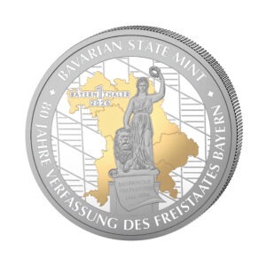 1 Bayern Thaler – 1 Unze Ag 999 teilvergoldet – „Bavaria – 80 Jahre Bayerische Verfassung“ – Sonderedition Render Vorderseite