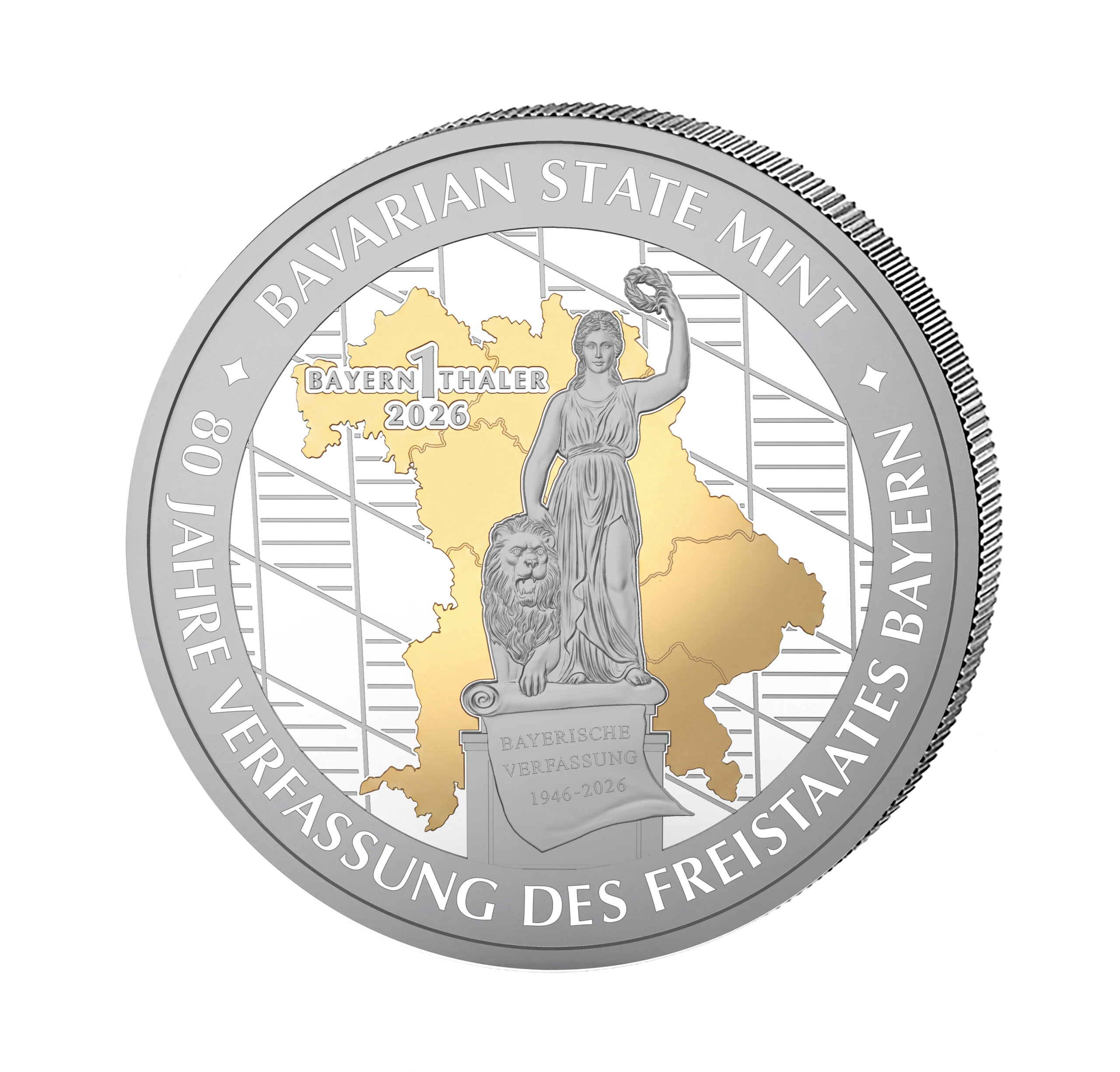 1 Bayern Thaler – 1 Unze Ag 999 teilvergoldet – „Bavaria – 80 Jahre Bayerische Verfassung“ – Sonderedition Render Vorderseite