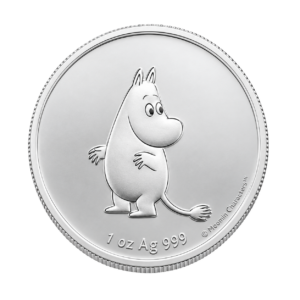 Silbermünze vor weißem Hintergrund. Auf der Münze ist der Moomin Troll der nach rechts schaut zu sehen.