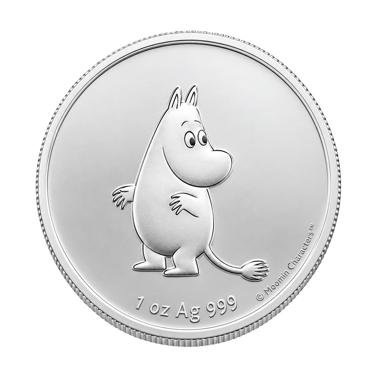 Silbermünze vor weißem Hintergrund. Auf der Münze ist der Moomin Troll der nach rechts schaut zu sehen.
