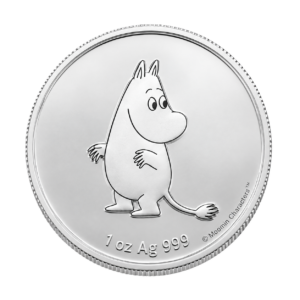 Silbermünze vor weißem Hintergrund. Auf der Münze ist der Moomin Troll - in Fabre - der nach rechts schaut zu sehen.