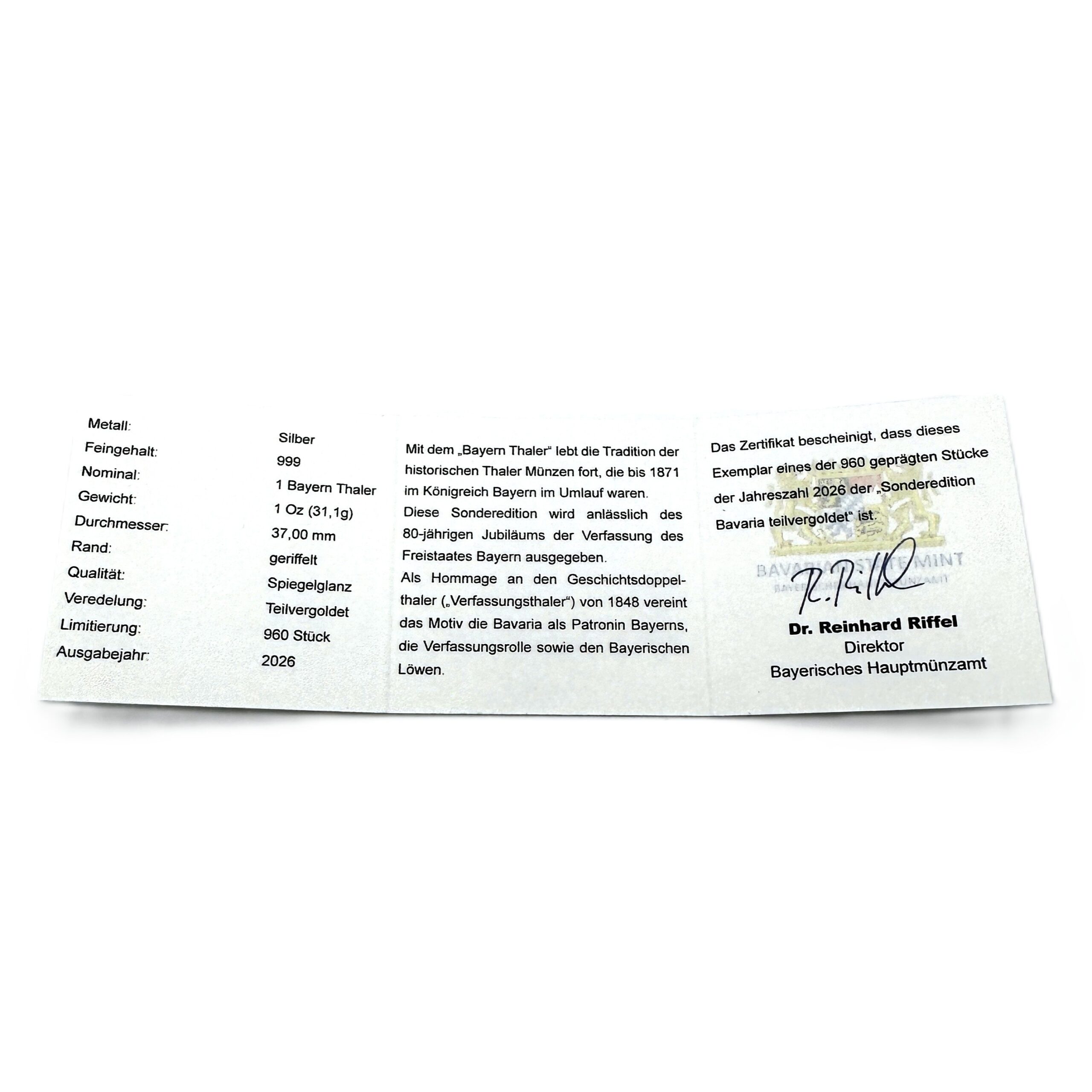 Zertifikat für Bavaria Bayern Thaler 1 oz teilvergoldet Ag 999