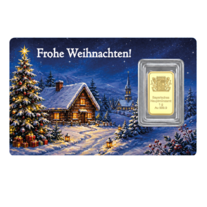 Weihnachtsbarren klassisch 1 g Au 999,9 Au. Blaue Scheckkarte mit Dorf im Schnee. Im Vordergrund steht ein Weihnachtsbaum und der Schriftzug "Frohe Weihnachten".