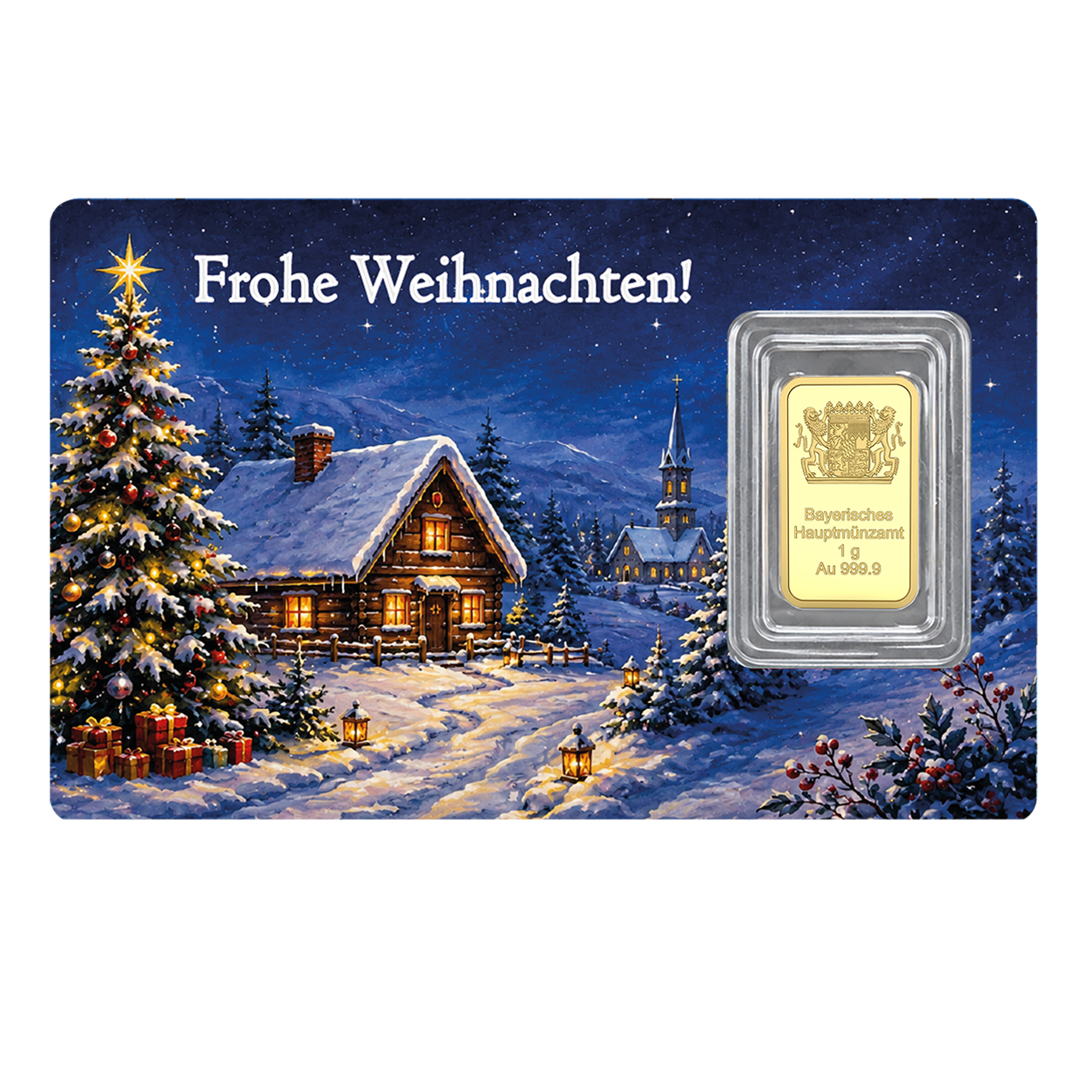Weihnachtsbarren klassisch 1 g Au 999,9 Au. Blaue Scheckkarte mit Dorf im Schnee. Im Vordergrund steht ein Weihnachtsbaum und der Schriftzug "Frohe Weihnachten".