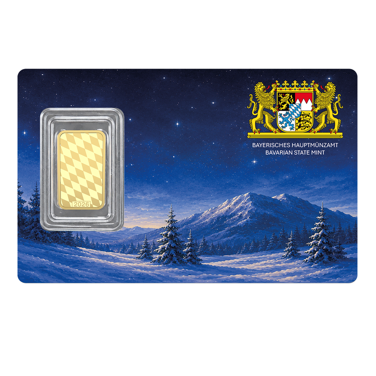 Weihnachtsbarren klassisch 1g 999,9 Au. Rückseite einer blauen Scheckkarte mit Goldbarren. Rückseite zeigt eine Schneelandschaft im klassischen Stil mit einem schneebedeckten Berg im Hintergrund. In der rechten Ecke ist das Bayerische Staatswappen zu sehen.