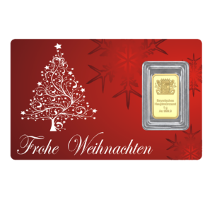 Rote Scheckkarte mit verschnörkseltem weißem Weihnachtsbaum und dem Schriftzug "Frohe Weihnachten". 1 g Au Goldbarren (999,9).
