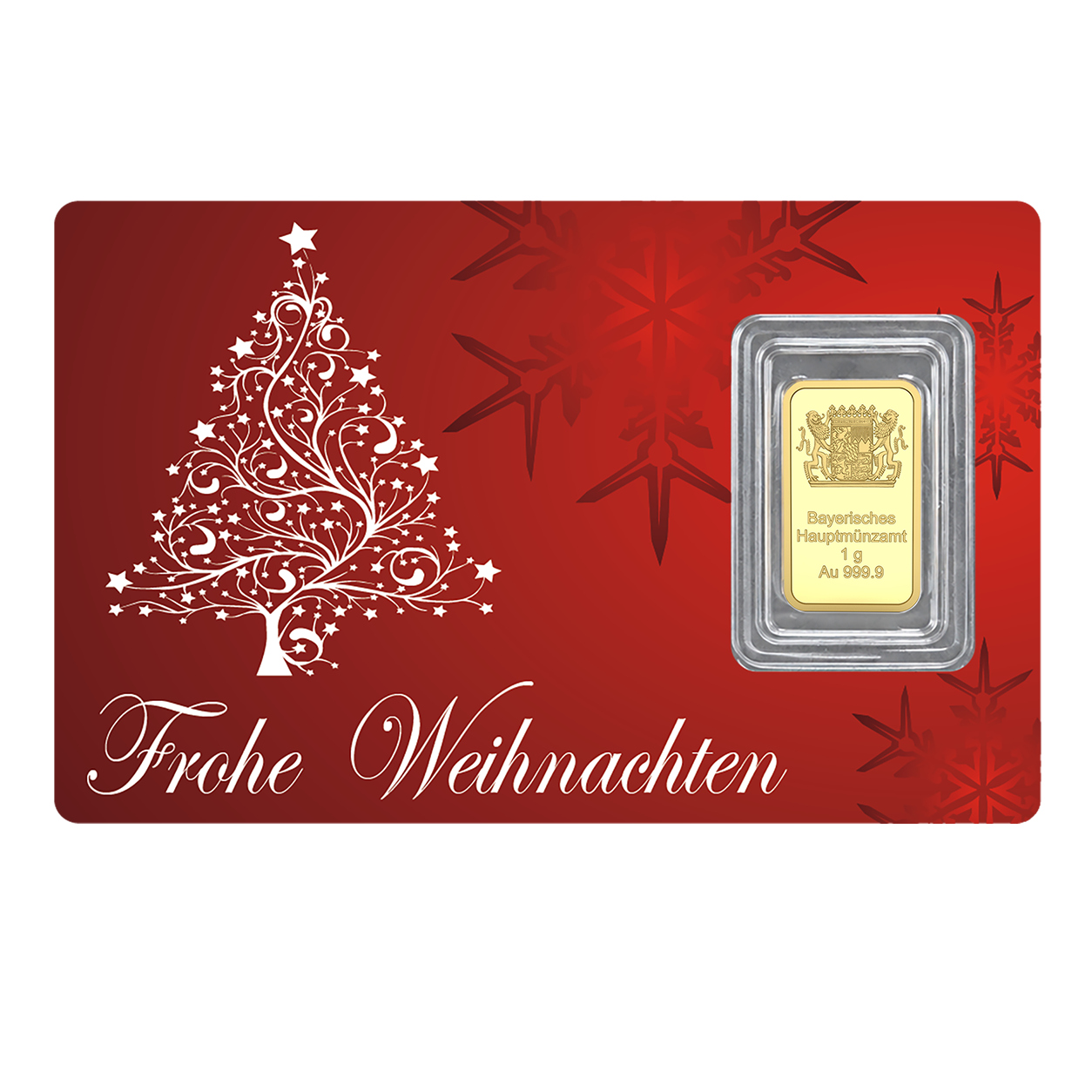 Rote Scheckkarte mit verschnörkseltem weißem Weihnachtsbaum und dem Schriftzug "Frohe Weihnachten". 1 g Au Goldbarren (999,9).