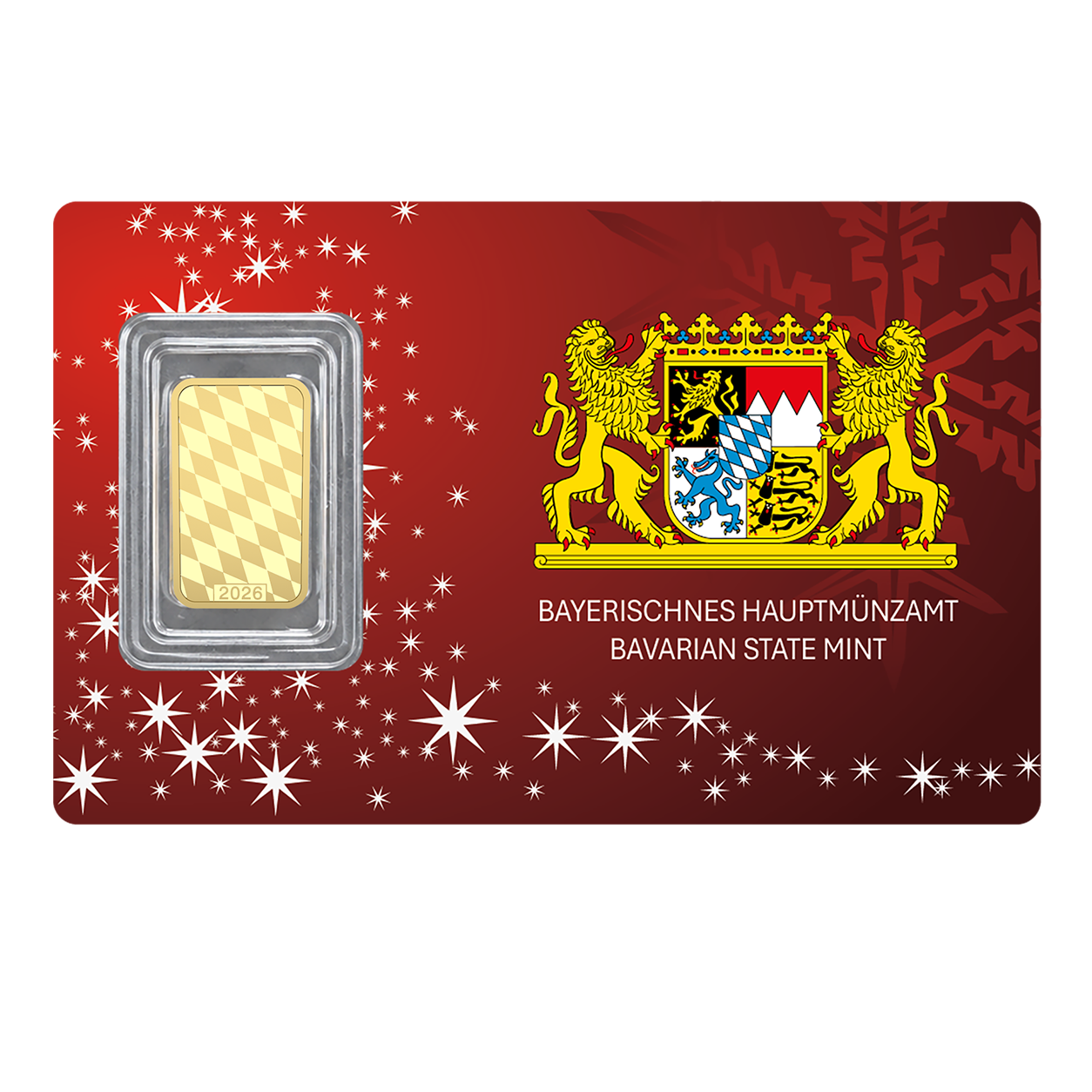 Rote Scheckkarte mit Schneeflocken und Bayerischem Staatswappen. Rückseite mit Rückseite des Goldbaren 1g Au (999,9).